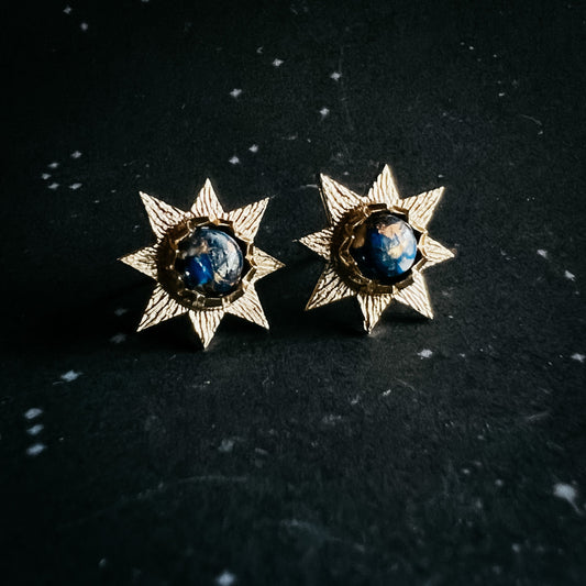 Dark Before the Dawn Sunburst Stud Earrings with Copper Lapis Lazuli