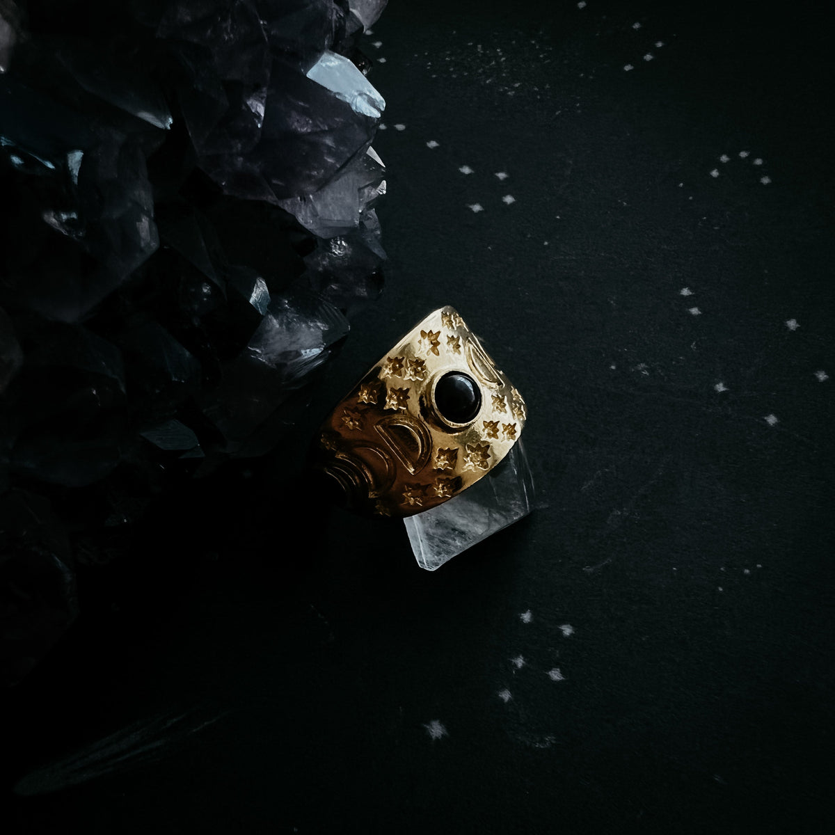 Eclipse Ring with Moon Phases and Black Opal