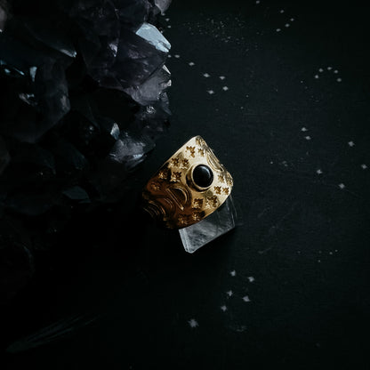 Eclipse Ring with Moon Phases and Black Opal