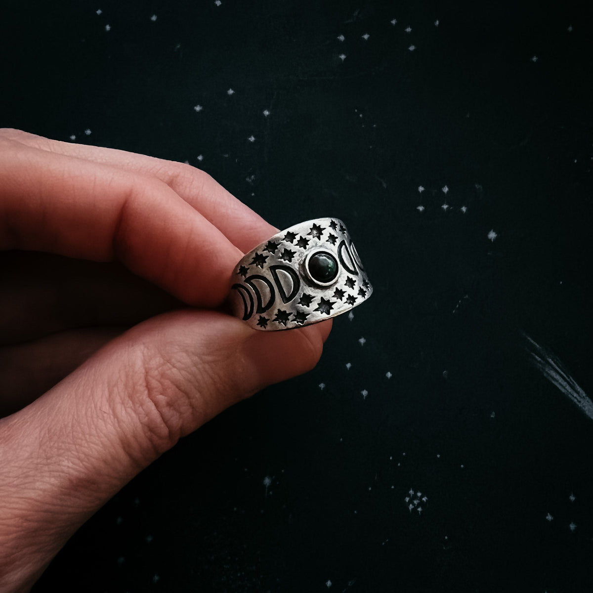 Eclipse Ring with Moon Phases and Black Opal