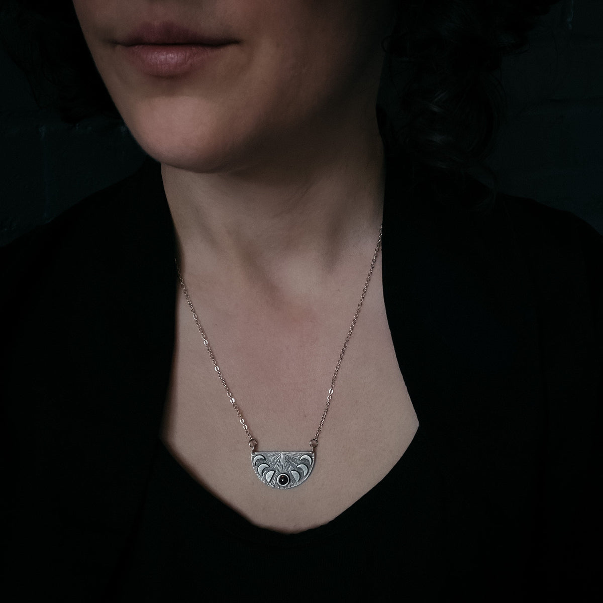 Lunar Eclipse Half Circle Pendant Necklace with Moon Phases and Black Opal