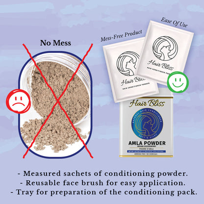 Hair Bliss- Natural Amla Gooseberry Herbal Hair & Skin Conditioning Powder- 12 Individual Sachets (10 gm each)- Reusable Brush & Tray Included